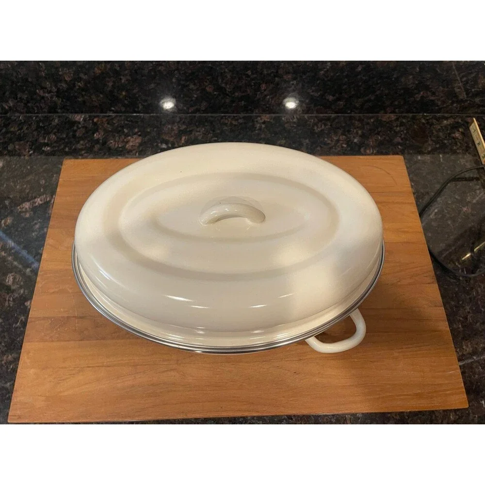 13 X 9 White Enamel Porcelain Roasting Pan With lid